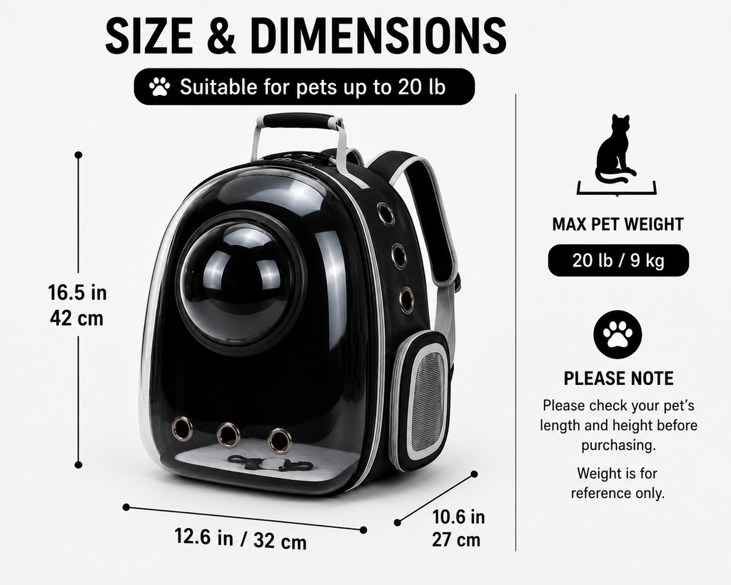 Black Cat Backpack Carrier with Bubble Window – Travel Carrier, Up to 20 lb