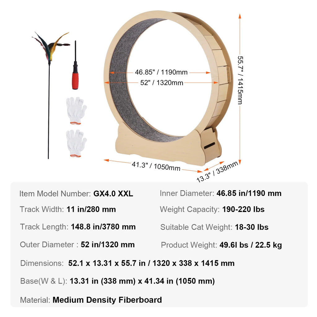 Wooden Cat Exercise Wheel Large Cat Treadmill Wheel for Indoor Cat Running Wheel with Detachable Carpet & Cat Teaser