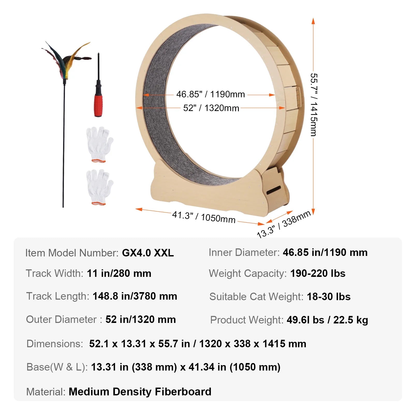 Wooden Cat Exercise Wheel Large Cat Treadmill Wheel for Indoor Cat Running Wheel with Detachable Carpet & Cat Teaser