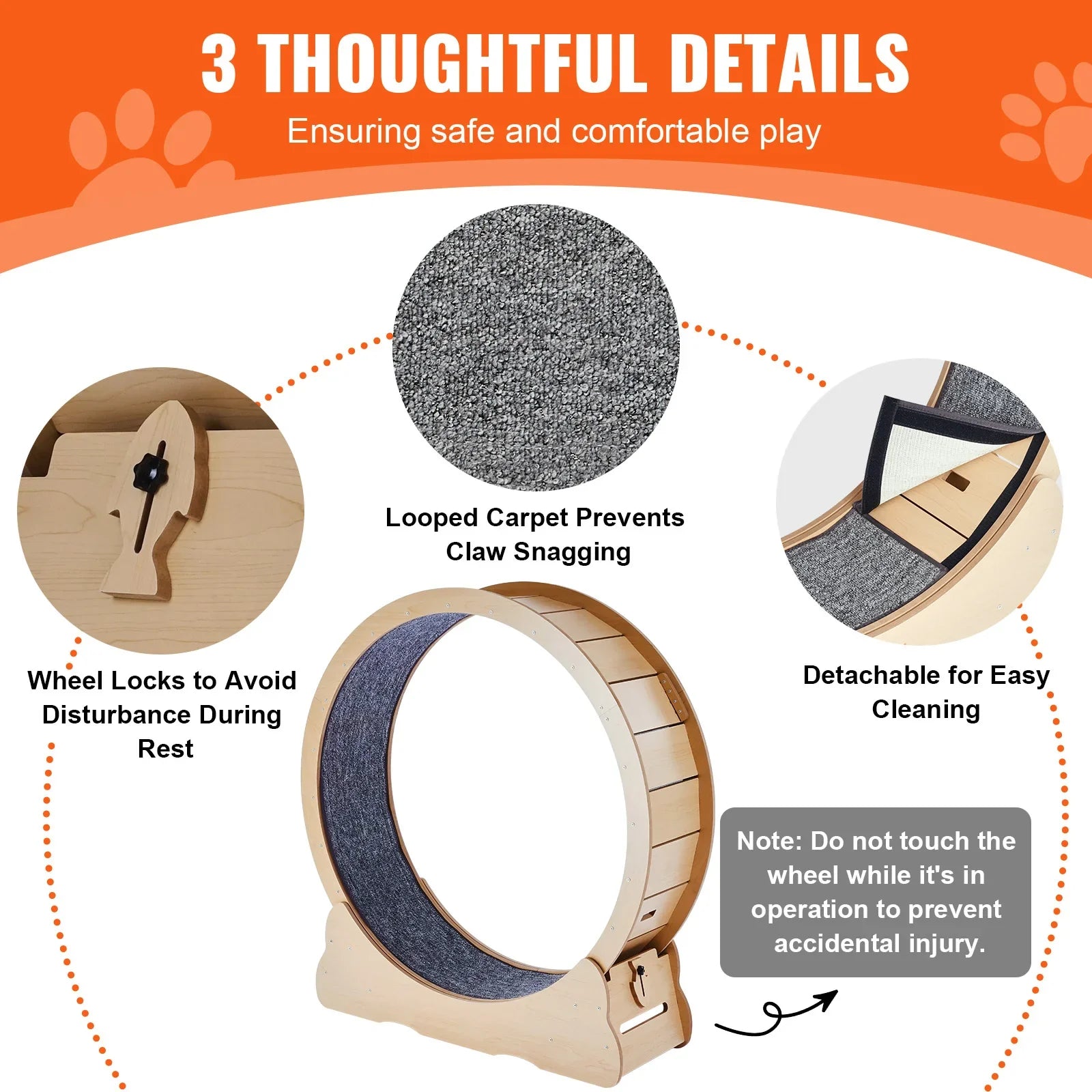 Wooden Cat Exercise Wheel Large Cat Treadmill Wheel for Indoor Cat Running Wheel with Detachable Carpet & Cat Teaser
