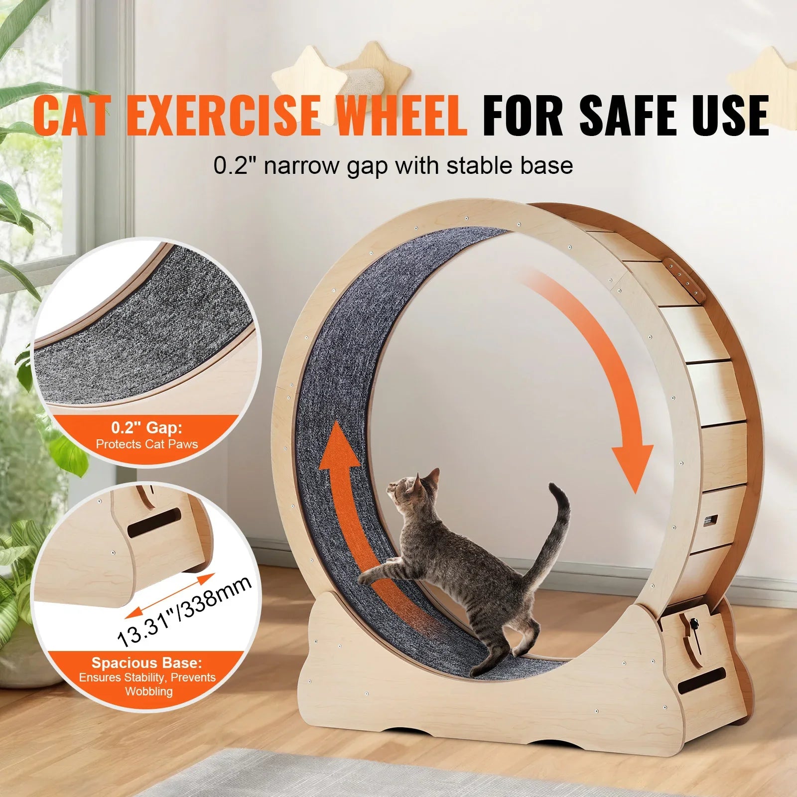 Wooden Cat Exercise Wheel Large Cat Treadmill Wheel for Indoor Cat Running Wheel with Detachable Carpet & Cat Teaser
