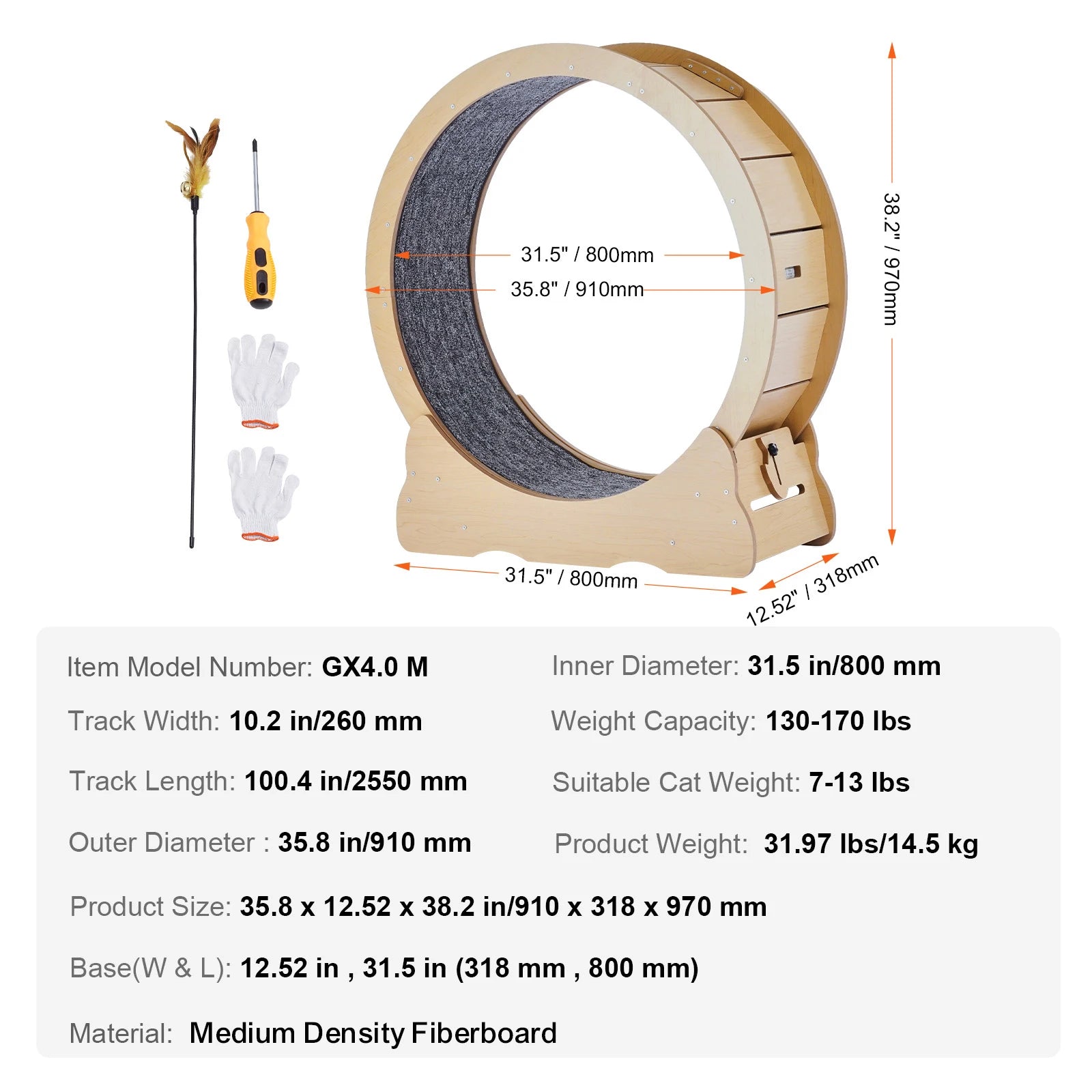 Wooden Cat Exercise Wheel Large Cat Treadmill Wheel for Indoor Cat Running Wheel with Detachable Carpet & Cat Teaser