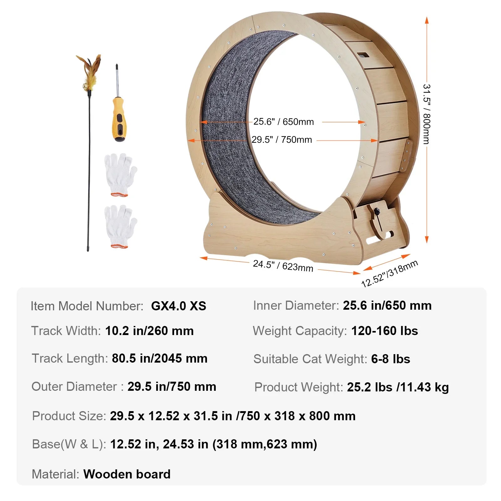 Wooden Cat Exercise Wheel Large Cat Treadmill Wheel for Indoor Cat Running Wheel with Detachable Carpet & Cat Teaser