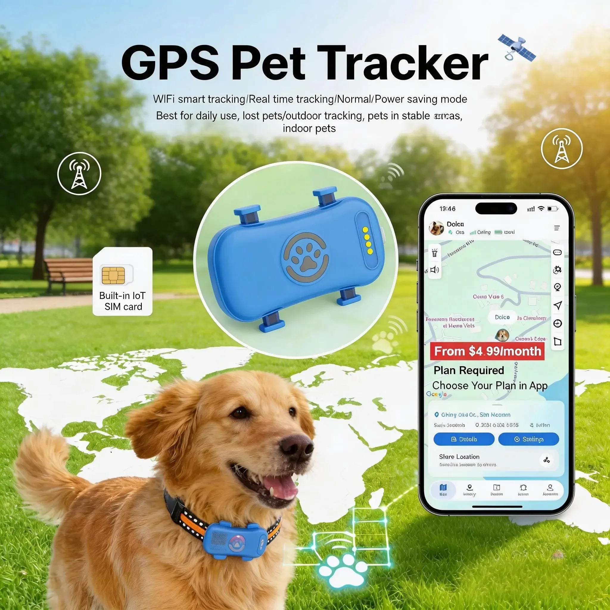 WANWAYTECH GPS Pet Tracker 4G Dogs Cats Real Time Tracking IP67 Waterproof