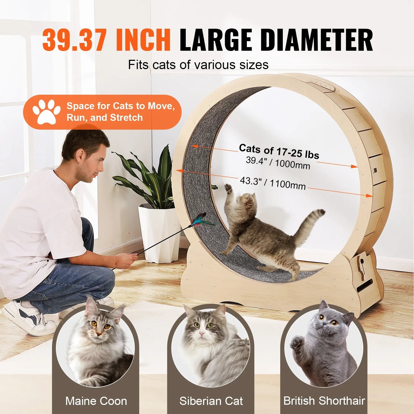 Wooden Cat Exercise Wheel Large Cat Treadmill Wheel for Indoor Cat Running Wheel with Detachable Carpet & Cat Teaser