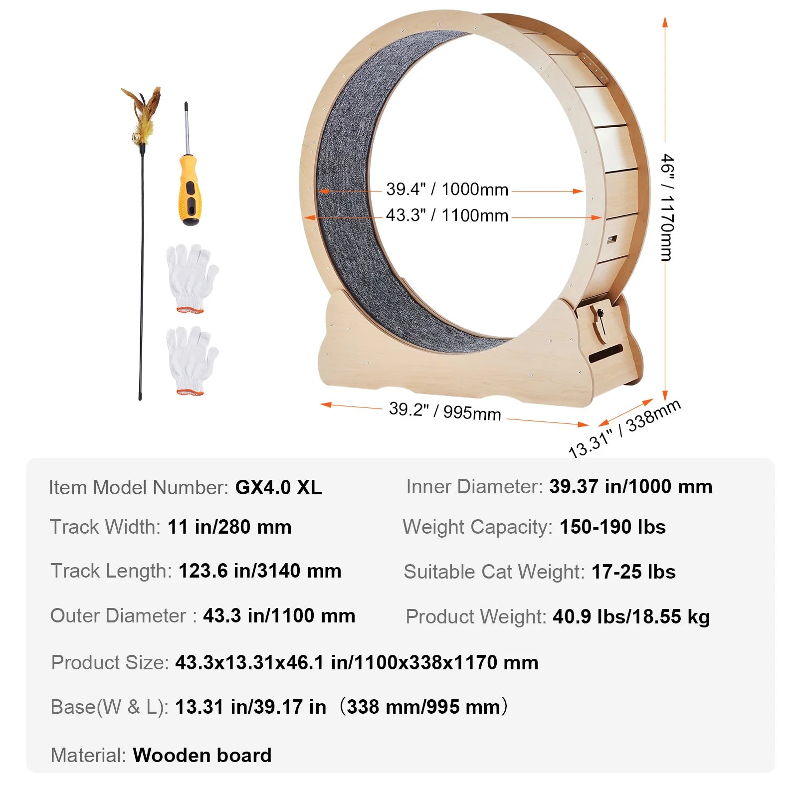 Wooden Cat Exercise Wheel Large Cat Treadmill Wheel for Indoor Cat Running Wheel with Detachable Carpet & Cat Teaser