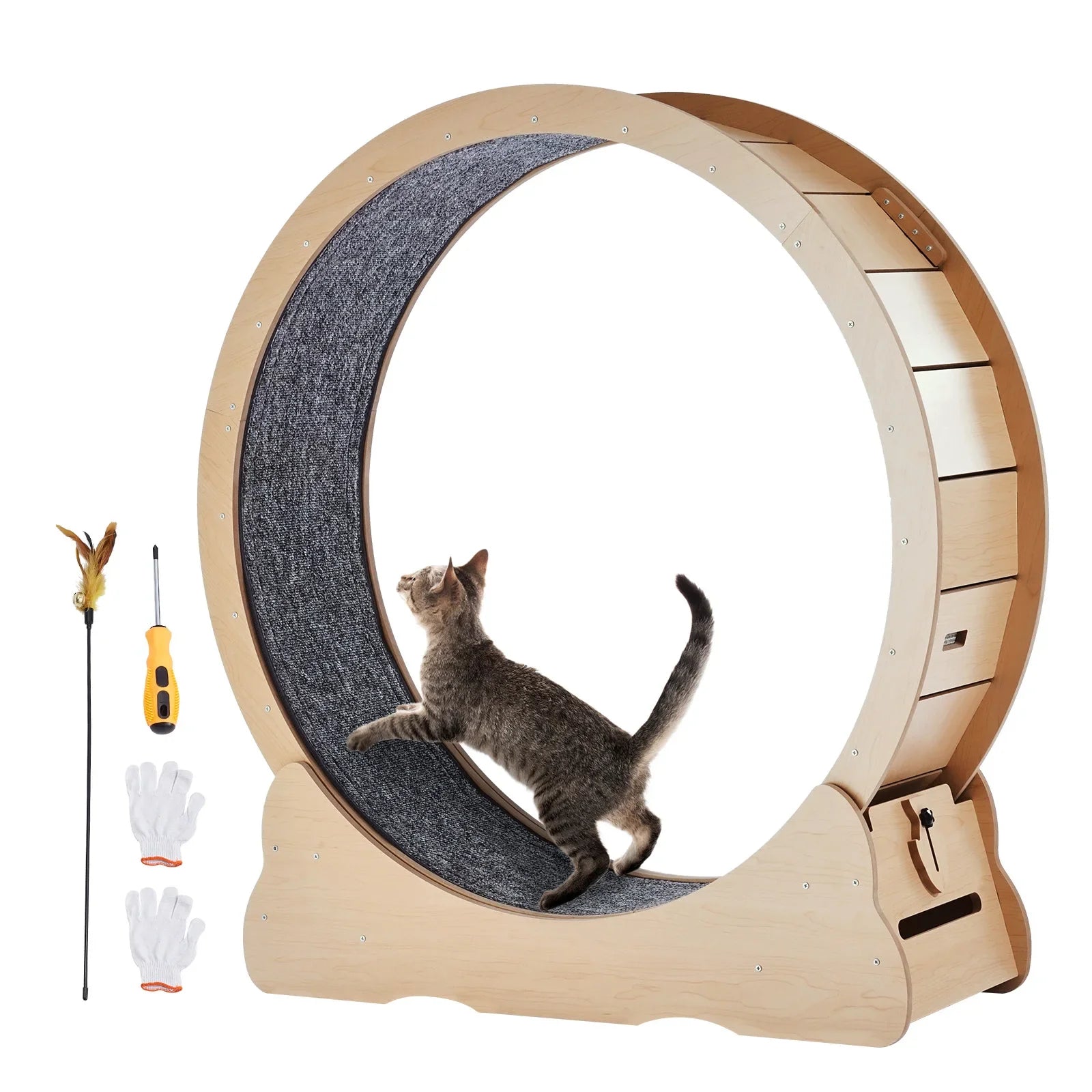 Wooden Cat Exercise Wheel Large Cat Treadmill Wheel for Indoor Cat Running Wheel with Detachable Carpet & Cat Teaser